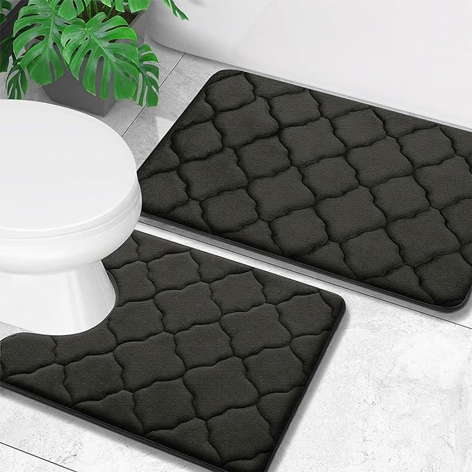 OLANLY Memory Foam Bathroom Rug Set 2 Piece, Soft Absorbent Bath Rug and U-Shaped Contour Toilet Rug, Machine Wash Dry, Non Slip Bath Rug Carpet for Bathroom Floor (24"x16" 24"x20", Black)