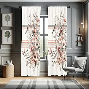 Ambesonne Birds and Nature Curtains, Autumnal Composition of Muted Leafy Floral with Sparrowbird, Window Treatments 2 Panel Set for Living Room Bedroom, Pair of - 28" x 63", Pale Salmon Laurel Green