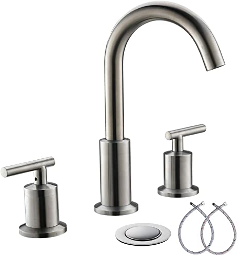 3 Hole 8 inch 2 Handles Brushed Nickel Widespread Bathroom Faucets with Valve And Metal Pop-Up Drain Assembly By Phiestina, WF003-1-BN