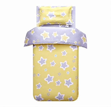MEJU Yellow Star 100% Cotton Duvet Cover + Pillowcase Bedding Set with Zipper Closure for Baby Toddler Boys Girls Standard Crib Bed Decoration Gift (22)
