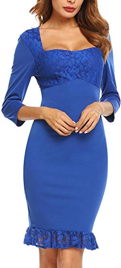 ANGVNS Women's 3/4 Sleeve Square Neck Package Hip Knee Length Floral Lace Pencil Party Dress