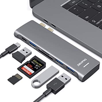 USB C Hub,6 in 1 Dongle Adapter for MacBook Pro 2019-2016,MacBook Air 2019/2018 with Type C to 100W PD Charging, 3 USB 3.0 Port, SD and Micro SD Card Reader