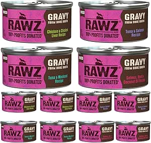 Rawz Natural Premium Minced Canned Cat Food in Gravy from Bone Broth -12 Pack Cans Variety Bundle - 4 Flavors with Hotspot Pets Can Lid (3 Oz Cans) (Pack of 12)