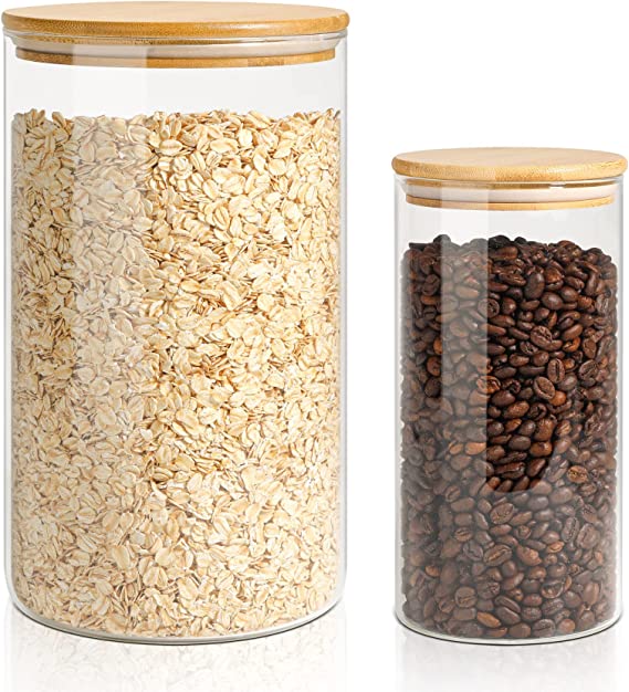 ComSaf Glass Food Storage Containers with Bamboo Lid ( 1 Gallon / 40 Oz), Glass Jar with Airtight Lid Clear Glass Food Canister Set of 2 for Dry food like Rice, Sugar, Flour, Pasta, Cereal, Beans, Nuts