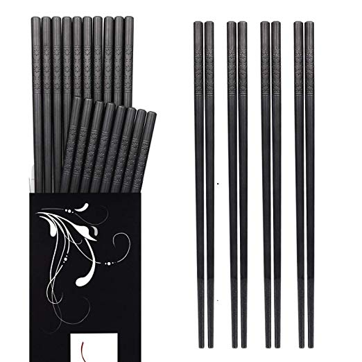 Chopsticks - 10 Pairs Reusable Fiberglass Alloy Chopstick Set, Dishwasher Safe (Pure Black) (A)