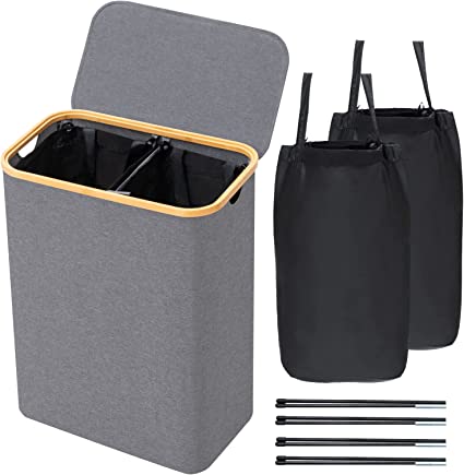 BRIAN & DANY Laundry Basket with Lid, 123L Double Laundry Hamper with Removable Bags and Bamboo Handles, Foldable Clothes Baskets, Oxford Fabric, 54 x 33 x 69 cm, Gray