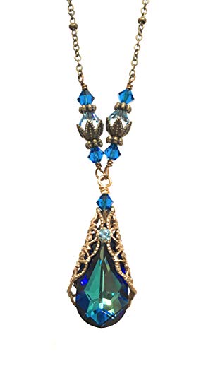 HisJewelsCreations Bermuda Blue Teardrop Gold-Tone Filigree Pendant Necklace with Crystals from Swarovski