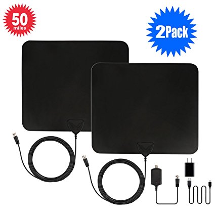 Amplified TV Antenna - 2 Pack ANTRobut Super Thin 50 Mlies Range Indoor Digital HDTV Antenna with Detachable Amplifier Power Supply and 13ft Coax Cable