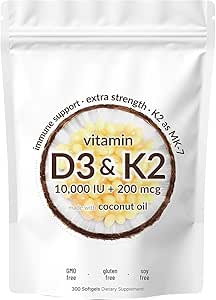 300Pcs- 2-in-1 Vitamin D3 K2 Supplement Softgel, 10000 IU VIT D3   200 MCG Vitamin K2, Free of GMO, Gluten, Soy, Bone Health, Cardiovascular Health Support, Aiding in Calcium Absorption. (1)