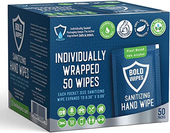 Bold Wipes Large Size Premium Individually Wrapped Hand Sanitizing Wipes with Plant Based Alcohol for Gym, Exercise, Travel, Office, Picnic, Outdoor Party Use