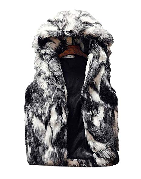 Idopy Men`s Luxury Faux Fur Hoodie Coats Sleeveless Jacket Vest with Hood