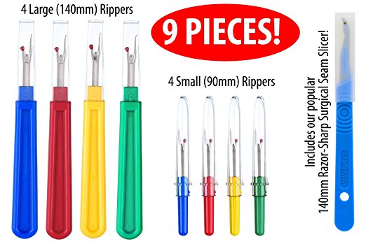 Ultima 9 Piece Colorful Seam Ripper Assortment - 8 Stitch Rippers (4 Large & 4 Small) & One 5.5" Razor Sharp Surgical Steel Seam Slicer - Perfect for Removing Unwanted Hems and Seams