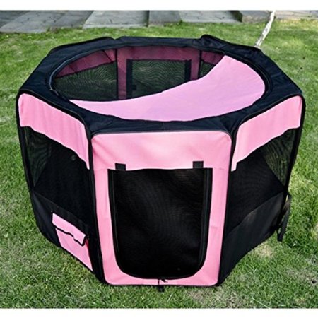 PawHut 46" Soft Folding Pet Playpen Puppy Dog Pen Portable Exercise Crate with Carry Bag Pink