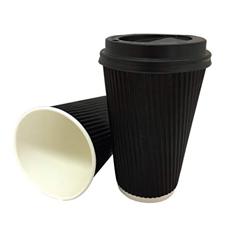 100x 16oz Belgravia BLACK Triple Ripple Paper Wall Disposable Tea Coffee Cappuccino Hot Drinks CUPS & BLACK LIDS