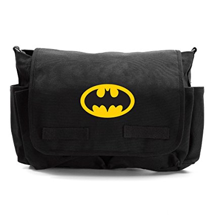 Batman Bat Symbol Army Heavyweight Messenger Shoulder Bag, Yellow on Black Canvas