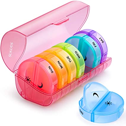 Weekly Pill Organizer 7 Day 2 Times a Day, Sukuos Large Daily Pill Cases for Pills/Vitamin/Fish Oil/Supplements - Rainbow Colors (Pink)