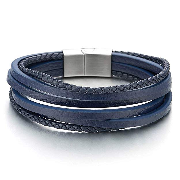 COOLSTEELANDBEYOND Mens Womens Multi-Strand Navy Blue Braided Leather Bracelet Wristband with Steel Magnetic Clasp