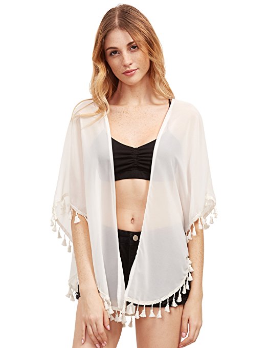 ROMWE Women's Solid Basic Chiffon Blouse Loose Kimono Cardigan