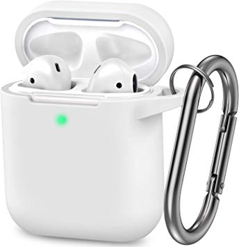 AirPods Case, Silicone Cover with U Shape Carabiner,360°Protective,Dust-Proof,Super Skin Silicone Compatible with Apple AirPods 1st/2nd (White)