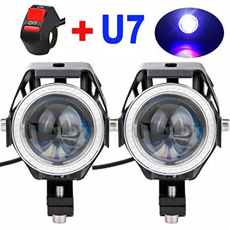 Motorcycle Headlight Cree U7 LED Fog Lights Spotlight Daytime Running Lights with Blue Angel Eyes Halo Ring and ON/OFF Toggle Switch 125W 2-sets