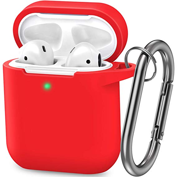 AirPods Case, Silicone Cover with U Shape Carabiner,360°Protective,Dust-Proof,Super Skin Silicone Compatible with Apple AirPods 1st/2nd (Red)