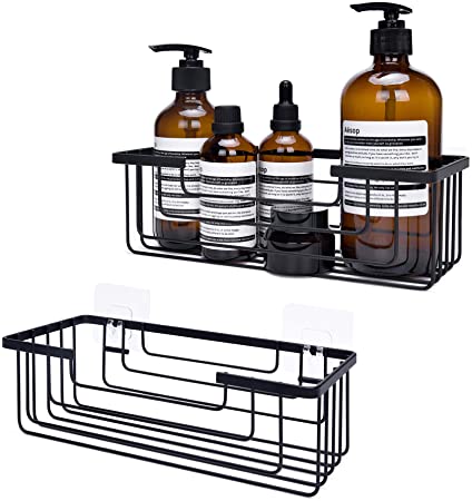 Labcosi Adhesive Shower Caddy, 2-pack Rustproof Metal Wire Shower Corner Shelf for Bathroom Storage and Organization -Matte Black Rectangle