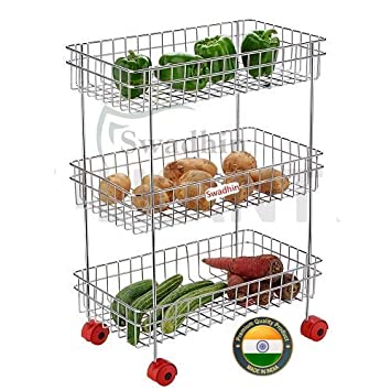 Albela 3 Layer Fruit and Vegetable Stand/Basket/Trolley Modern Kitchen Storage Rack (Silver)