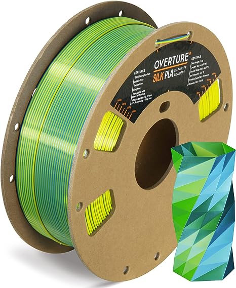 OVERTURE Silk PLA 1.75mm Dual Color Filament, Clog-Free Shiny 3D Printer Filament, 1kg Spool(2.2lbs), Dimensional Accuracy  /- 0.03 mm, Fit Most FDM Printer(Silk Blue-Yellow)