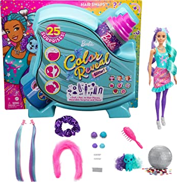 Barbie Color Reveal Doll, Glittery Purple with 25 Hairstyling & Party-Themed Surprises Including 10 Plug-in Hair Pieces, Gift for Kids 3 Years Old & Up