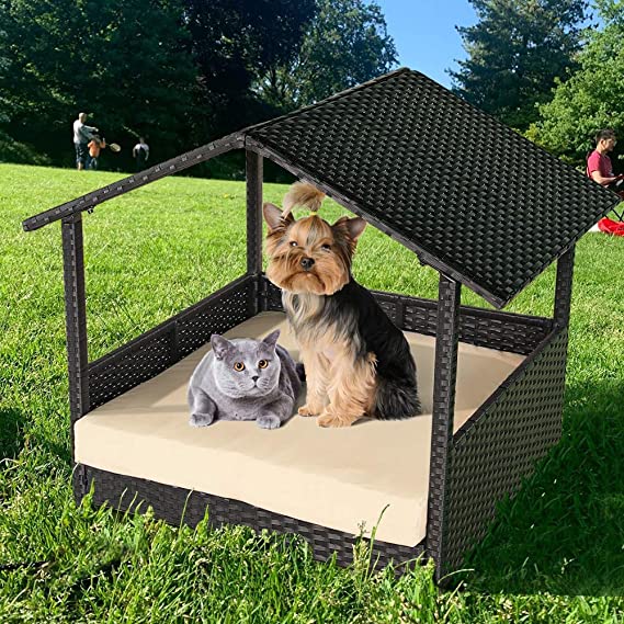 Leaptime Pet Playpens Black PE Wicker with Cushion Outdoor Indoor Use for Small Animals