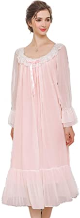 FeelMeStyle Women's Long-sleeve Mesh Nightdress Princess Vintage Nightgown Lace Sleepwear Pajamas
