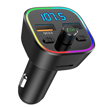 [Upgraded] Bluetooth V5.0 FM Transmitter for Car, KeeKit Wireless Car Radio Adapter with Quick Charge 3.0, 7 Color RGB LED Backlit, Music Player Supports TF Card, USB Disk, Hands Free Car Kit - Black