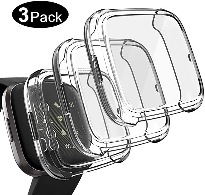 Kmasic Compatible with Fitbit Versa 2 Case Screen Protector(3-Pack), TPU Soft Accessory Protective Case Frame Cover Shell Fitbit Versa 2 Case, Transparent 3-Pack