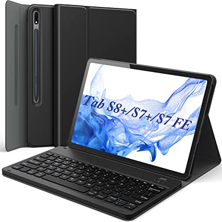 Galaxy Tab S8 Plus/ S7 FE/ S7 Plus Keyboard Case, Wireless Detachable, Type-C Rechargeable, PU Leather Stand Cover, Case with Keyboard for Tab S7  12.4" 2020, Tab S7 FE 2021, Tab S8  2022, Black