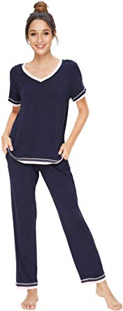 Pintage Women's V Neck Tops and Pants Pajamas Set with Pockets