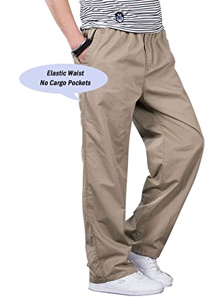 Chartou Men's Active Elastic-Waist Loose Fit Cargo Pants Trousers