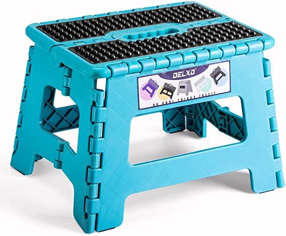 Delxo Folding Step Stool,Non-Slip Stool 9 inch Height Premium Heavy Duty Foldable Stool for Kids,Kitchen Garden Bathroom Stepping Stool 1 Pack in Light Blue,2021 Upgrade Dotted Texture