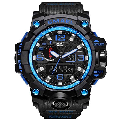 SMAEL Mens Digital Sports Watch Large Face Military Watches Electronic Waterproof Casual LED Stopwatch Alarm Digital Analog Dual Time Outdoor Army Wristwatch