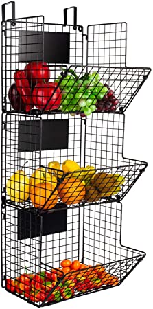 YUKOOL 3-Tier Metal Wall-Mounted Wire Baskets with Hanging Hook and Chalkboards, to Put Fruits, Vegetables, Snacks or Product Storage and Organization, etc in Kitchen