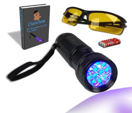 Compact and Bright LED UV Blacklight Flashlight - Pet Urine Detector Kit - Free Safety Glasses, Batteries, and User Guide Included