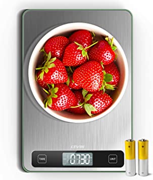LEVIN Food Scale, 33lb Digital Kitchen Scale with 1g/0.05oz Precise Graduation, 5 Units LCD Display Scale for Cooking/Baking in KG, G, oz, ml, and lb, Easy Clean Stainless Steel and Tempered Glass