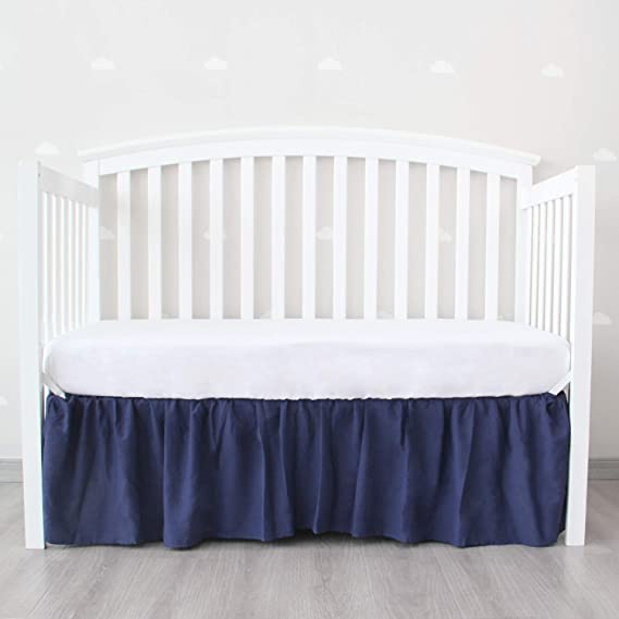 Navy Grey and White Crib Skirt Four Fabric Sides Elastic Wrap Around Dust Ruffled Solid Bed Skirts Easy On/Off, Bedding Dust Ruffle for Baby, Fit All Standard Crib Bed, Navy, Microfiber