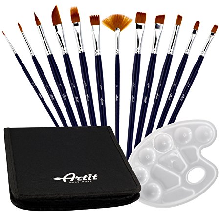 12 Piece Paint Brush Set, Nylon Art Brushes for Acrylic, Watercolor, Oil, Nail, Face Painting & More, Includes Portable Case & Bonus Palette, Long Handle & Easy to Clean, Great for Pros & Kids