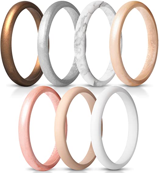ThunderFit Women's Thin and Stackable Silicone Rings Wedding Bands - 7 Rings / 4 Rings / 1 Ring - 2.5mm Width - 1.8mm Thick