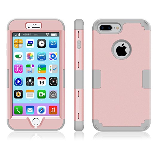 iPhone 7 Plus Case, Hocase Hybrid Double Layer Hard Polycarbonate Shell Soft Rubber Bumper Scratch Resistant Shockproof Protective Case Cover for Apple 5.5" iPhone 7 Plus - Rose Gold / Grey