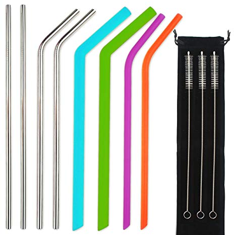 Reusable Straws，Shinymod 4 Stainless Steel Straw 4 Silicone Straws for 30 20 Oz Tumbler Yeti Rtic or Ozark Trail Ramblers Cups，Metal Straws with Cleaning Brushes and Storage Bags for Drinks Cocktail Juice