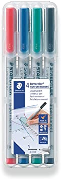 STAEDTLER Lumograph Non-Permanent Wet Erase Marker Pen, Super Fine Tip, Low Odor Colored Markers, Red-Blue-Green-Black 4 Pack, 311 WP4 (311 WP4 ST)