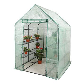 CO-Z Walk in Greenhouse with 2 Tier 8 Shelf Steeple, Portable Mini Green House with PE Cover, Waterproof Hot House UV Protected Walking Plant Green House, 4.7’ L x 4.7’ W x 6.4’ H