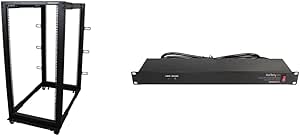 StarTech.com 4-Post 25U Mobile Open Frame Server Rack and 8 Outlet Horizontal 1U Rack Mount PDU Power Strip Bundle