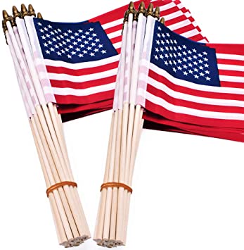 BENEVE Set of 50 Small American Flag US Mini Stick Flag,5.1x8.2 inch,Handheld American Flag on Stick with Kid Safe Golden Spear Top for Independence Day July 4th parades, Patriot’s Day, Flag Day etc.